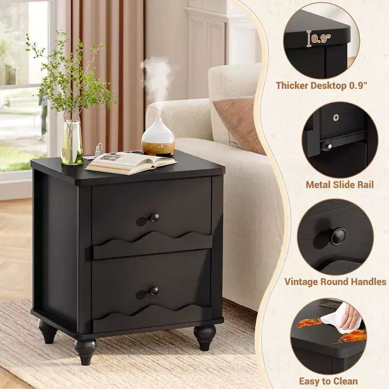 Table de chevet en bois Besiost avec station de charge, commode de rangement avec 2 tiroirs