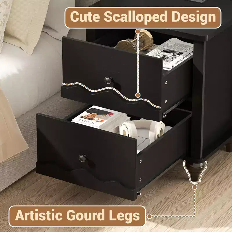 Table de chevet en bois Besiost avec station de charge, commode de rangement avec 2 tiroirs