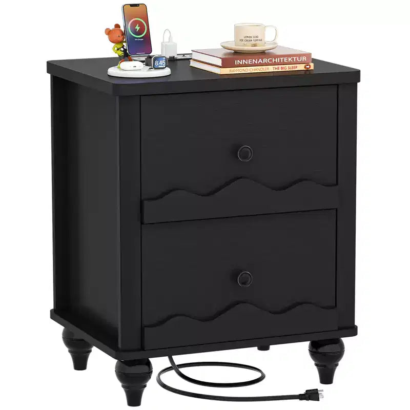 Table de chevet en bois Besiost avec station de charge, commode de rangement avec 2 tiroirs
