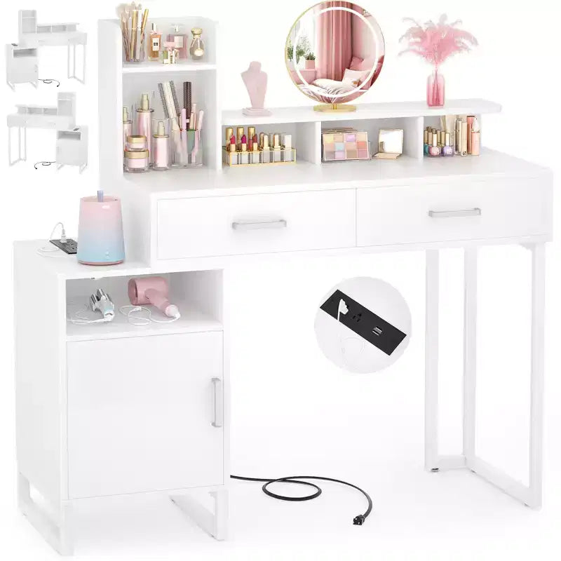 Coiffeuse Besiost avec station de recharge, table de maquillage avec tiroirs de rangement, armoire