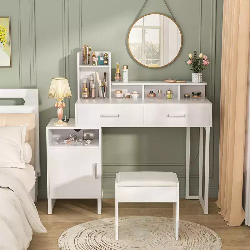 Coiffeuse Besiost avec station de recharge, table de maquillage avec tiroirs de rangement, armoire
