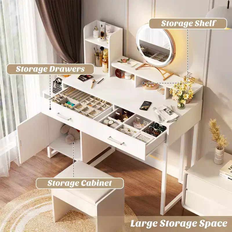 Coiffeuse Besiost avec station de recharge, table de maquillage avec tiroirs de rangement, armoire