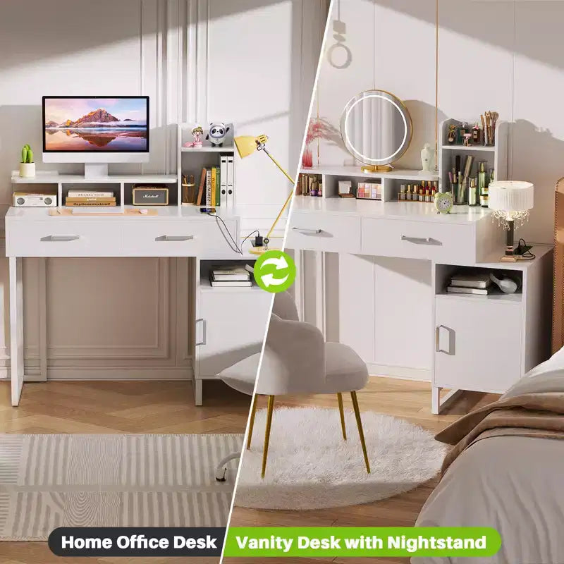 Coiffeuse Besiost avec station de recharge, table de maquillage avec tiroirs de rangement, armoire