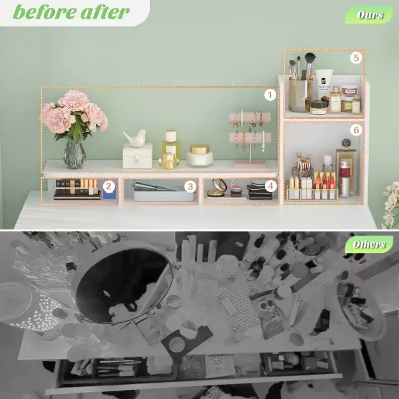 Coiffeuse Besiost avec station de recharge, table de maquillage avec tiroirs de rangement, armoire