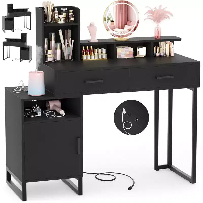 Coiffeuse Besiost avec station de recharge, table de maquillage avec tiroirs de rangement, armoire