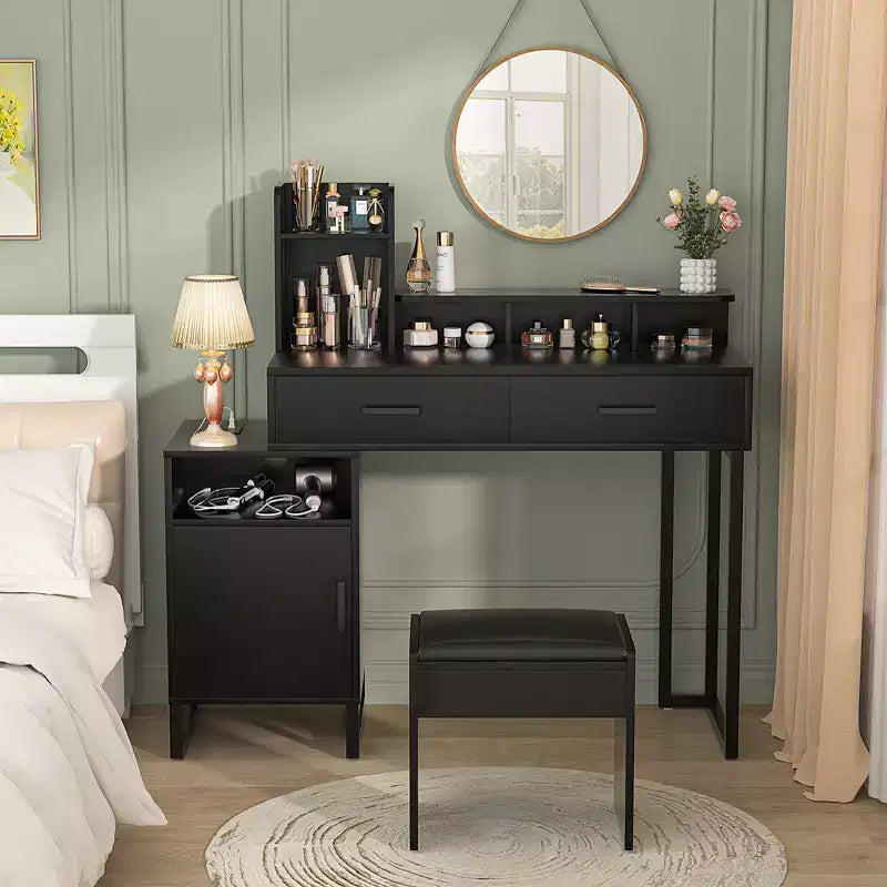 Coiffeuse Besiost avec station de recharge, table de maquillage avec tiroirs de rangement, armoire