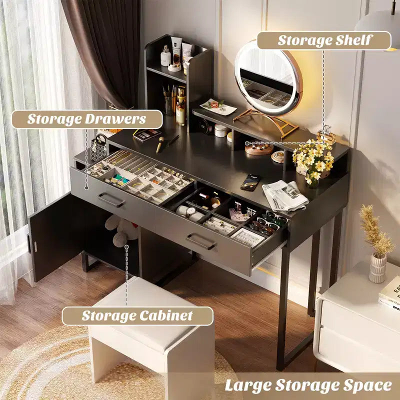 Coiffeuse Besiost avec station de recharge, table de maquillage avec tiroirs de rangement, armoire