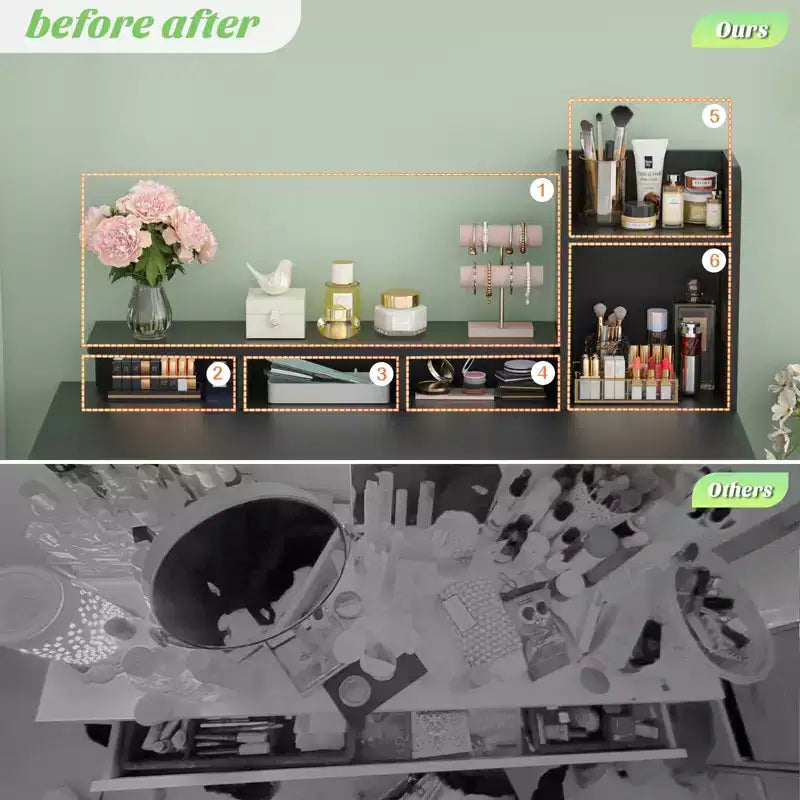 Coiffeuse Besiost avec station de recharge, table de maquillage avec tiroirs de rangement, armoire