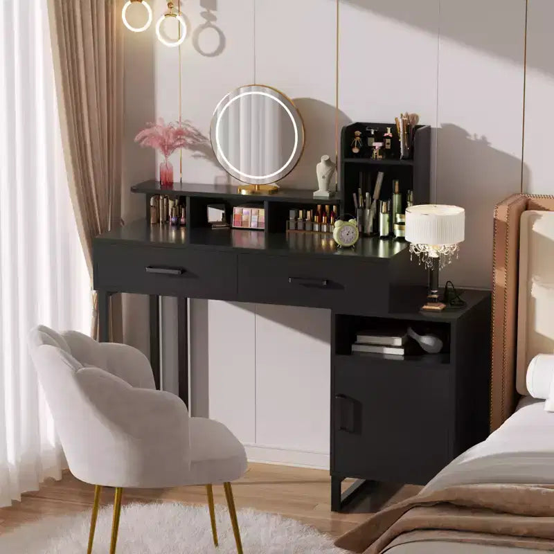 Besiost Vanity Desk with Charging Station, Makeup Table with Storage Drawers, Cabinet
