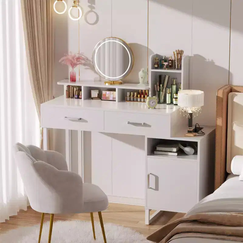 Coiffeuse Besiost avec station de recharge, table de maquillage avec tiroirs de rangement, armoire