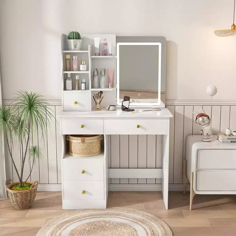 Okak Modern Vanity Desk with Movable and 3-Color Hidden Mirror, Makeup Vanity with 5 Drawers, Girls Vanity for Bedroom, Living Room, White