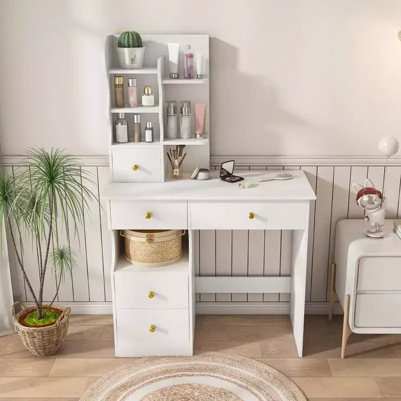 Coiffeuse moderne Okak avec miroir caché mobile à 3 couleurs, coiffeuse avec 5 tiroirs, coiffeuse pour filles pour chambre à coucher, salon, blanc