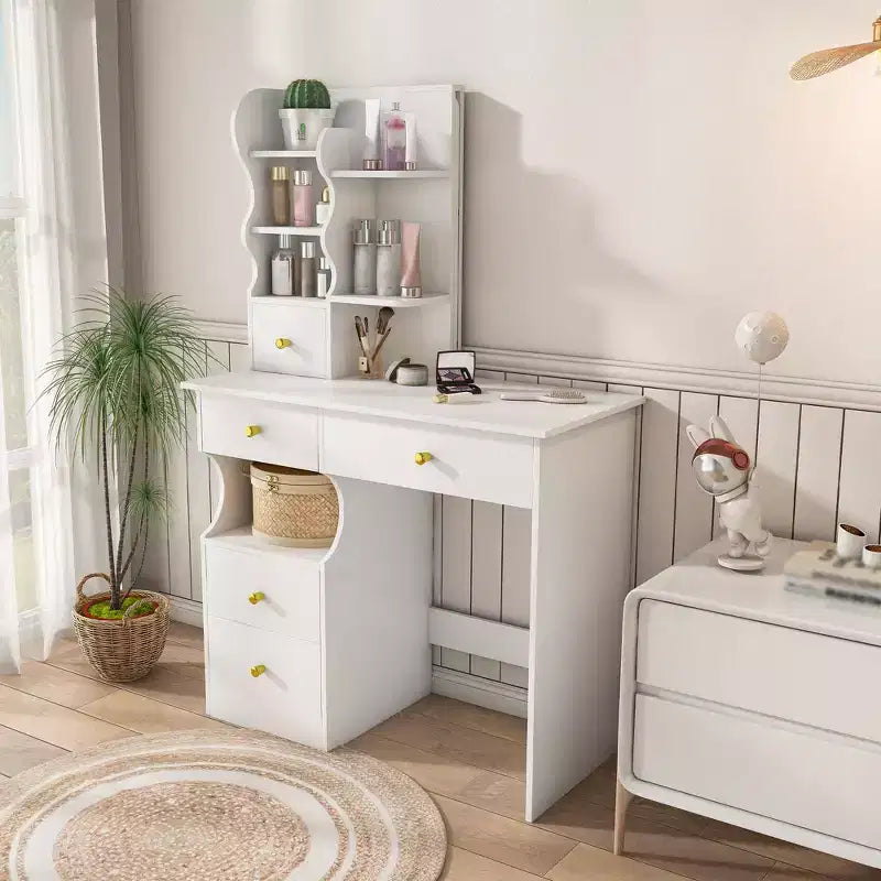 Coiffeuse moderne Okak avec miroir caché mobile à 3 couleurs, coiffeuse avec 5 tiroirs, coiffeuse pour filles pour chambre à coucher, salon, blanc