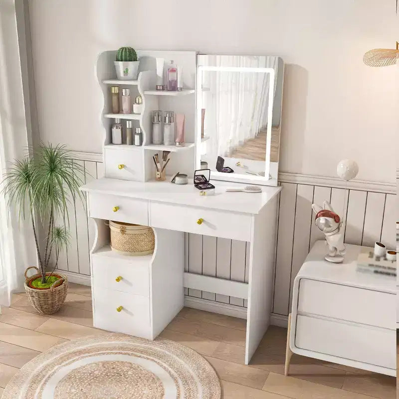 Coiffeuse moderne Okak avec miroir caché mobile à 3 couleurs, coiffeuse avec 5 tiroirs, coiffeuse pour filles pour chambre à coucher, salon, blanc