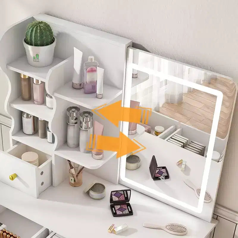 Coiffeuse moderne Okak avec miroir caché mobile à 3 couleurs, coiffeuse avec 5 tiroirs, coiffeuse pour filles pour chambre à coucher, salon, blanc