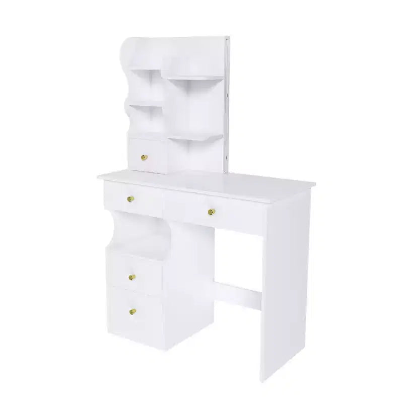 Coiffeuse moderne Okak avec miroir caché mobile à 3 couleurs, coiffeuse avec 5 tiroirs, coiffeuse pour filles pour chambre à coucher, salon, blanc