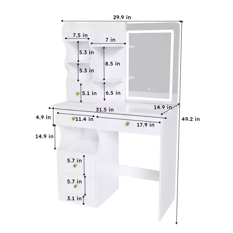 Coiffeuse moderne Okak avec miroir caché mobile à 3 couleurs, coiffeuse avec 5 tiroirs, coiffeuse pour filles pour chambre à coucher, salon, blanc
