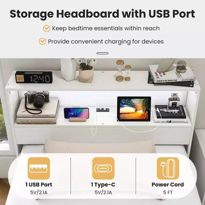 Cadre de lit double en bois Costway avec station de recharge et tête de lit de rangement lumineuse à LED
