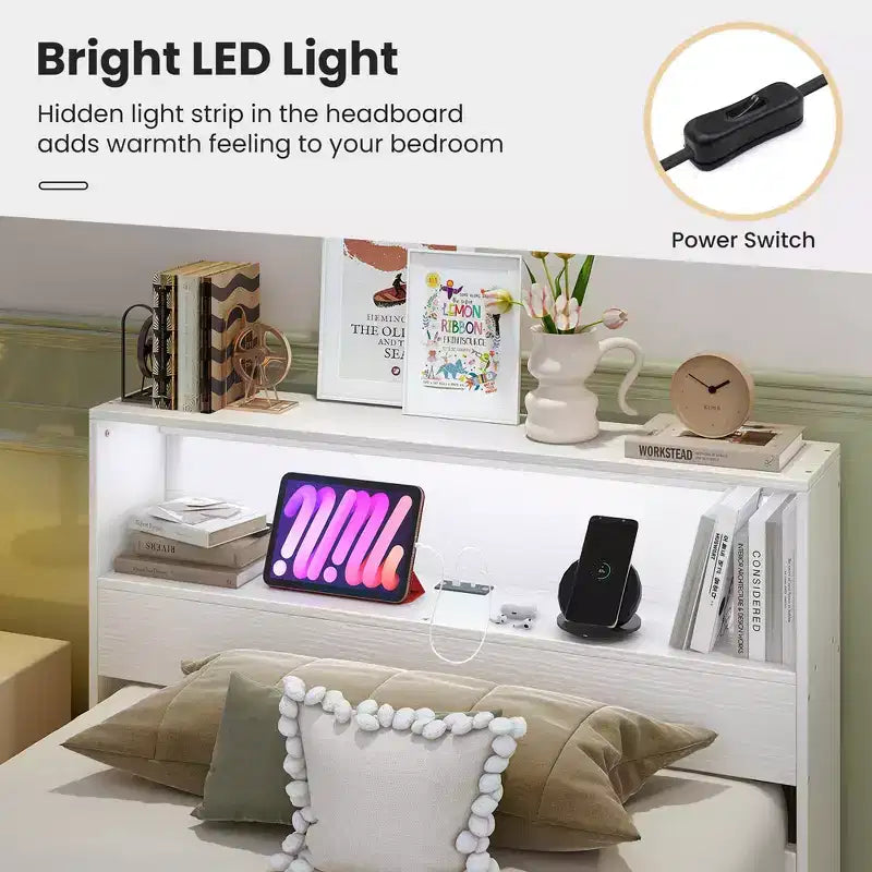 Cadre de lit double en bois Costway avec station de recharge et tête de lit de rangement lumineuse à LED