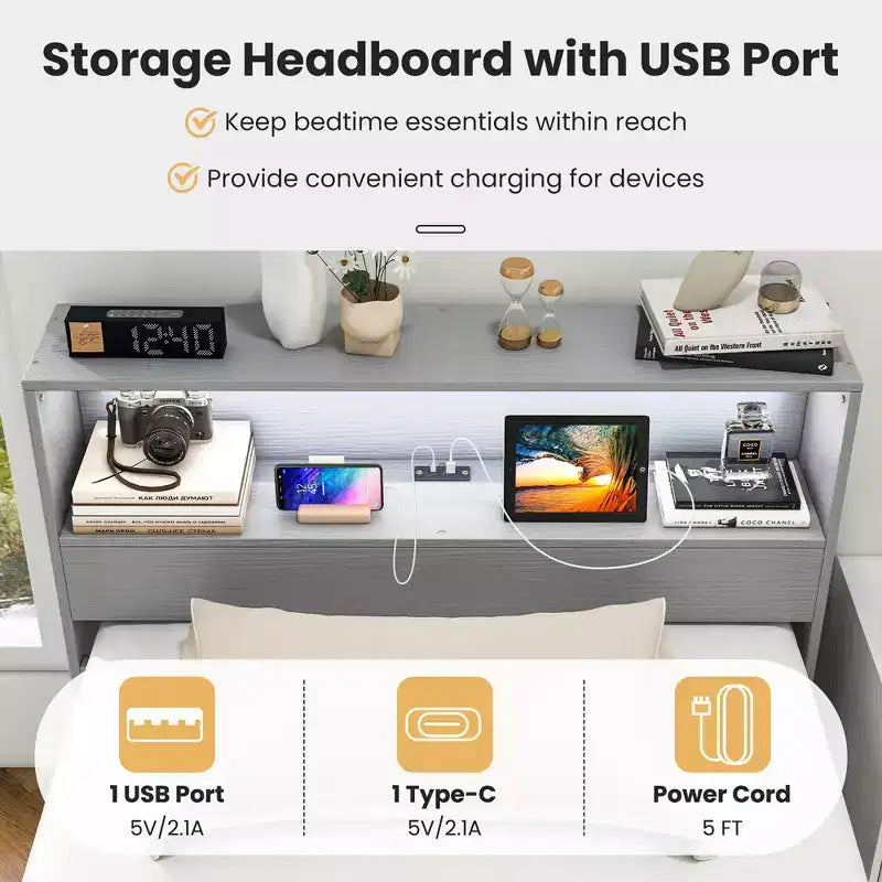 Cadre de lit double en bois Costway avec station de recharge et tête de lit de rangement lumineuse à LED