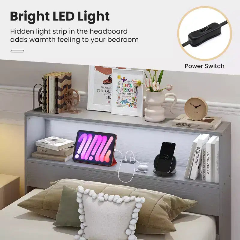 Cadre de lit double en bois Costway avec station de recharge et tête de lit de rangement lumineuse à LED