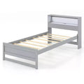 Costway Twin Size Wooden Bed Frame w/ Charging Station & LED Light Storage Headboard