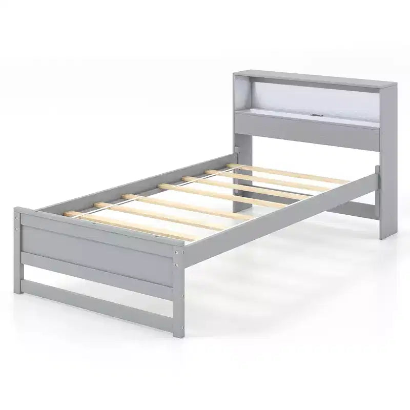 Costway Twin Size Wooden Bed Frame w/ Charging Station & LED Light Storage Headboard