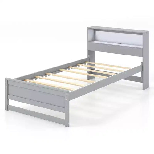 Costway Twin Size Wooden Bed Frame w/ Charging Station & LED Light Storage Headboard