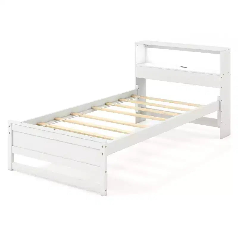 Cadre de lit double en bois Costway avec station de recharge et tête de lit de rangement lumineuse à LED