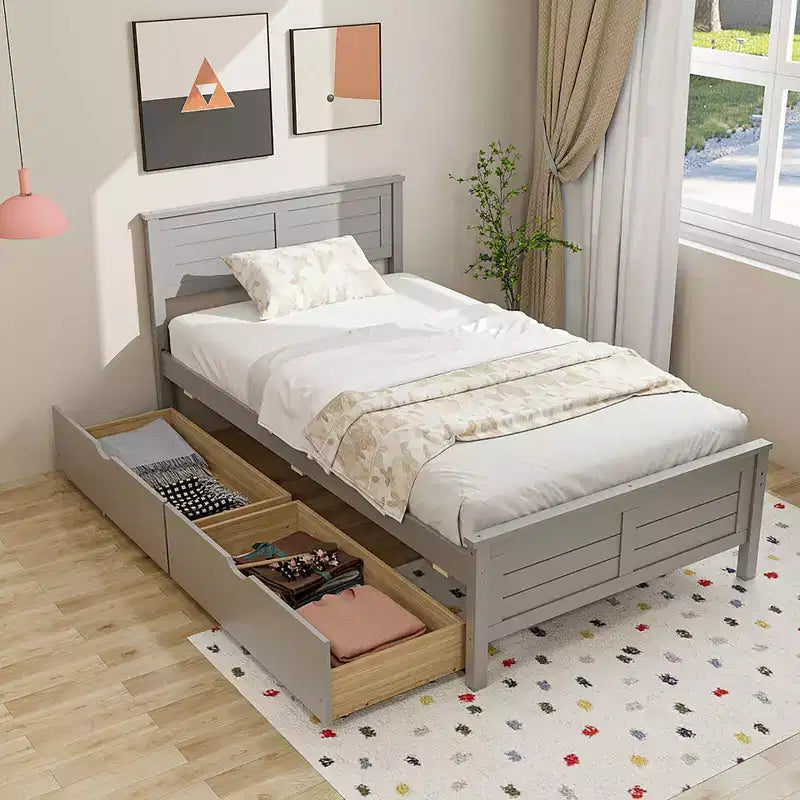 Costway Cadre de lit double/double en bois avec 2 tiroirs de rangement et rangement sous le lit Gris