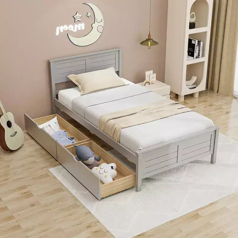 Costway Cadre de lit double/double en bois avec 2 tiroirs de rangement et rangement sous le lit Gris