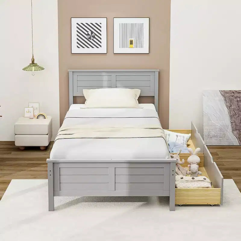 Costway Cadre de lit double/double en bois avec 2 tiroirs de rangement et rangement sous le lit Gris