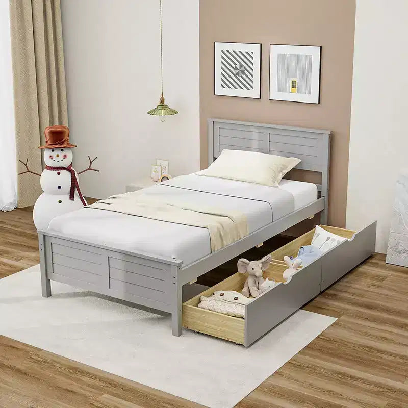 Costway Cadre de lit double/double en bois avec 2 tiroirs de rangement et rangement sous le lit Gris