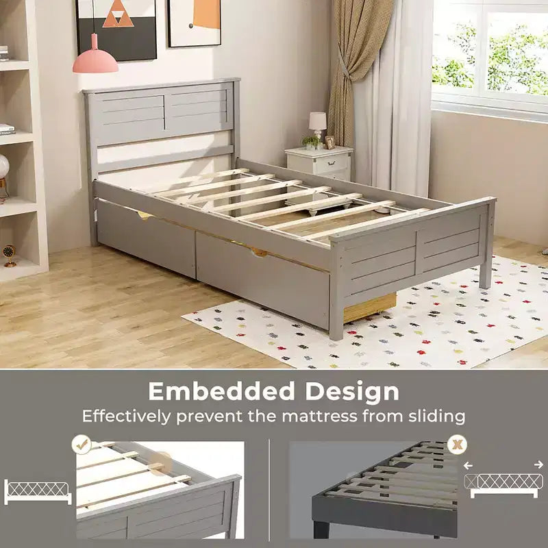 Costway Cadre de lit double/double en bois avec 2 tiroirs de rangement et rangement sous le lit Gris