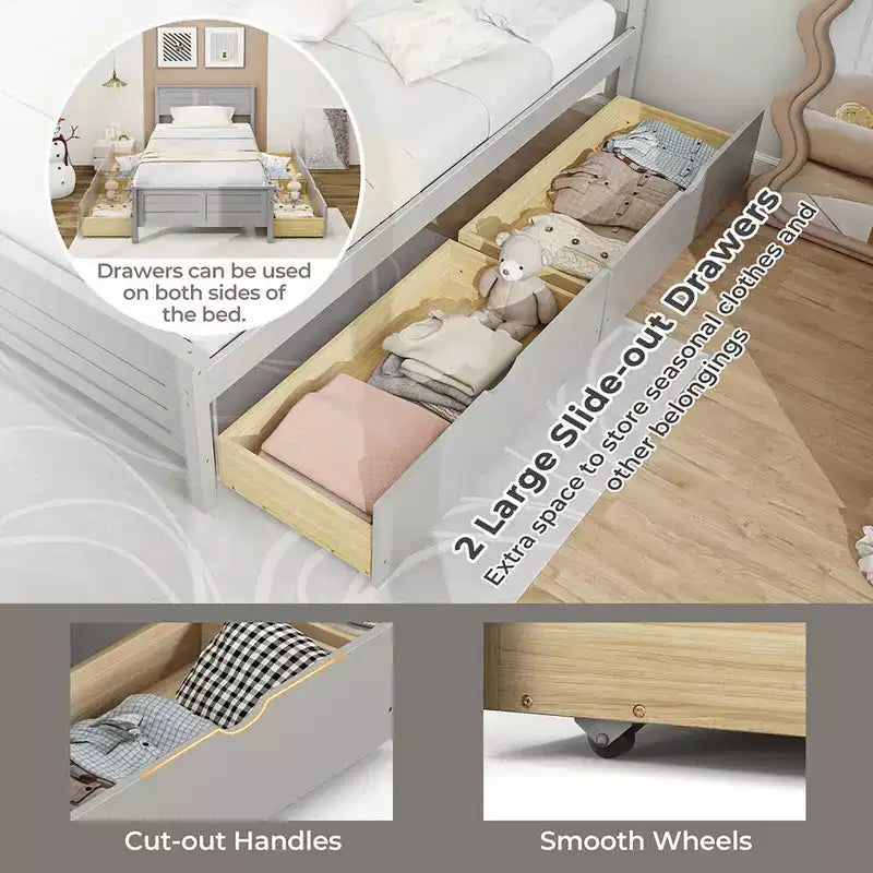 Costway Cadre de lit double/double en bois avec 2 tiroirs de rangement et rangement sous le lit Gris