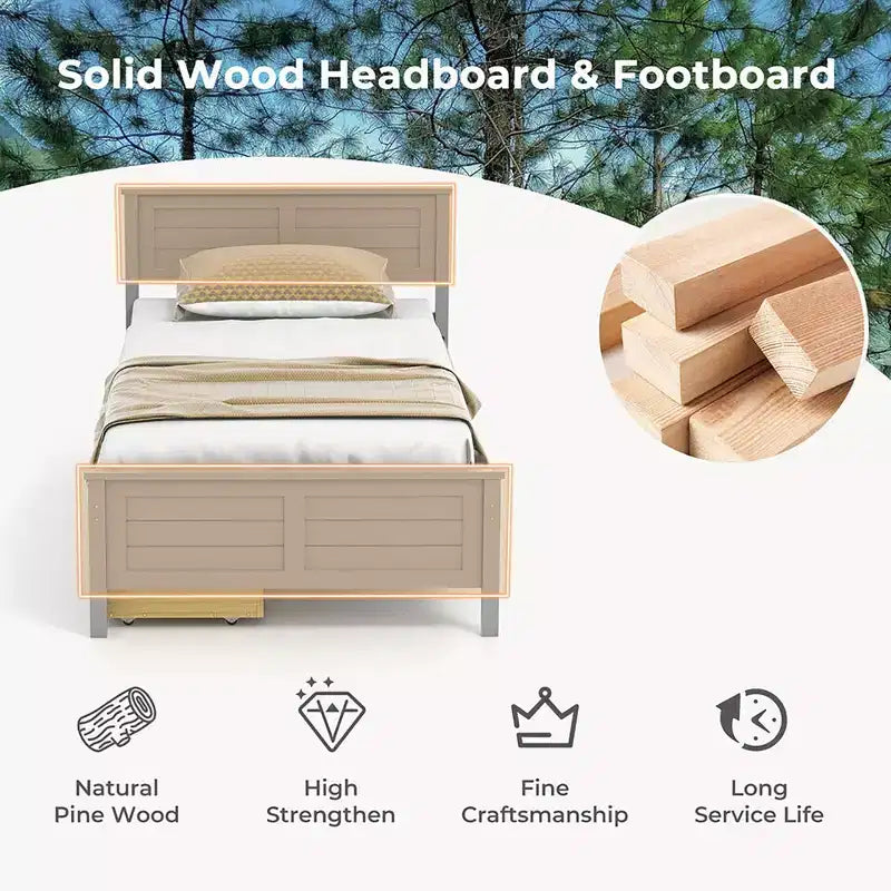 Costway Cadre de lit double/double en bois avec 2 tiroirs de rangement et rangement sous le lit Gris