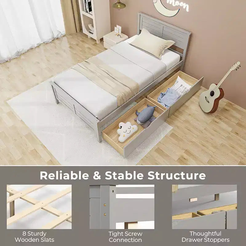 Costway Cadre de lit double/double en bois avec 2 tiroirs de rangement et rangement sous le lit Gris