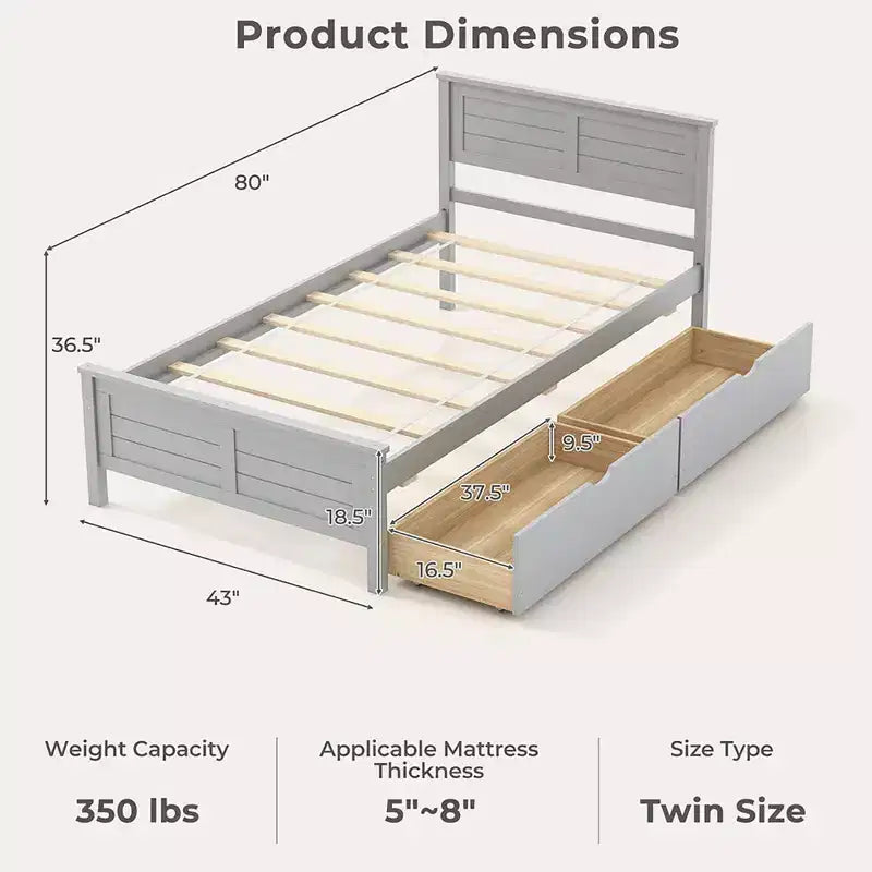 Costway Cadre de lit double/double en bois avec 2 tiroirs de rangement et rangement sous le lit Gris