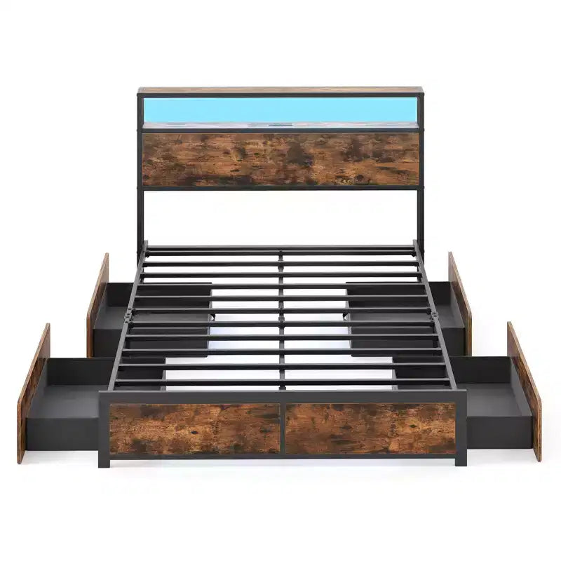 Costway Full/Queen Size LED Bed Frame w/2-Tier Storage Headboard & 4 Drawers Charging Station