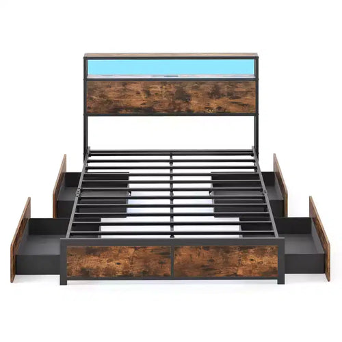 Costway Full/Queen Size LED Bed Frame w/2-Tier Storage Headboard & 4 Drawers Charging Station