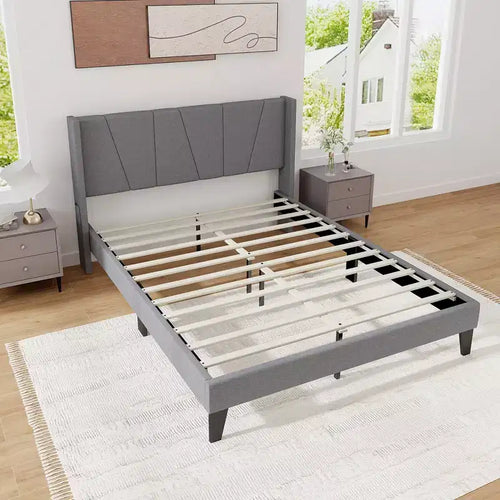 Costway Queen Size Upholstered Bed Frame w/ Elastic Pockets Mattress Foundation Gray