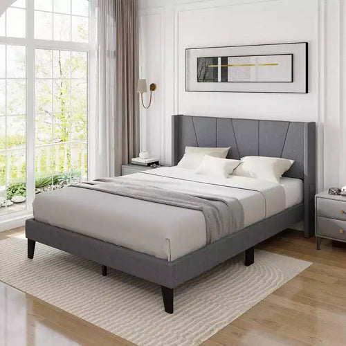 Costway Cadre de lit rembourré Queen Size avec poches élastiques Sommier Gris