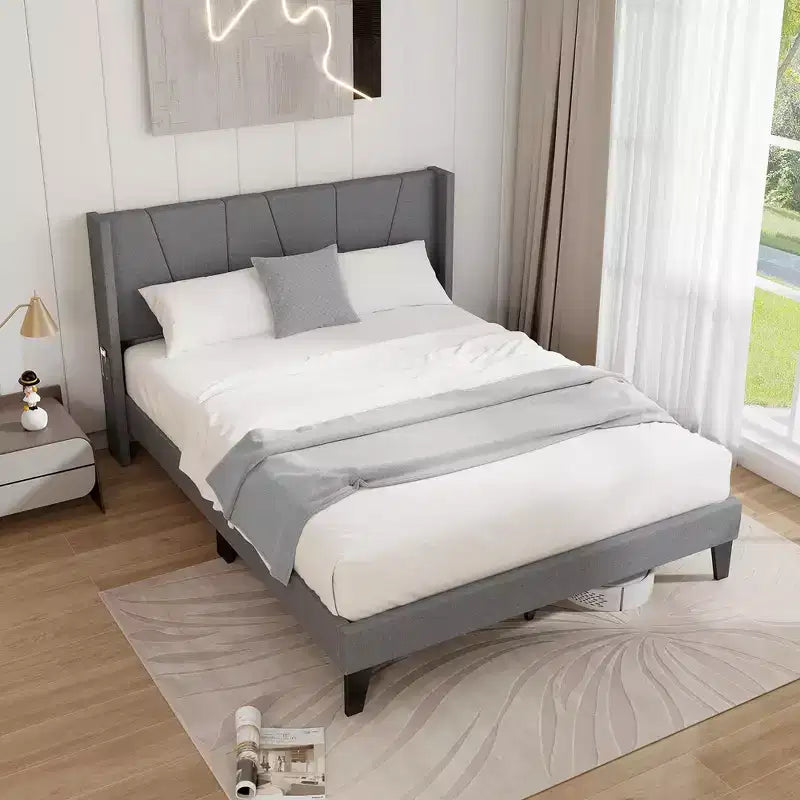 Costway Cadre de lit rembourré Queen Size avec poches élastiques Sommier Gris