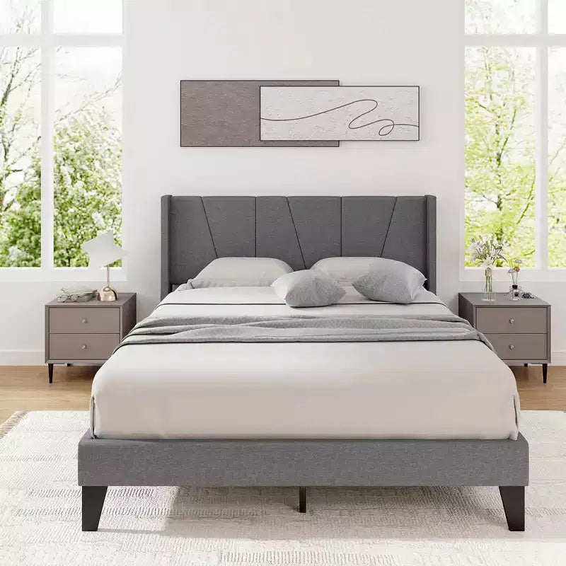 Costway Cadre de lit rembourré Queen Size avec poches élastiques Sommier Gris