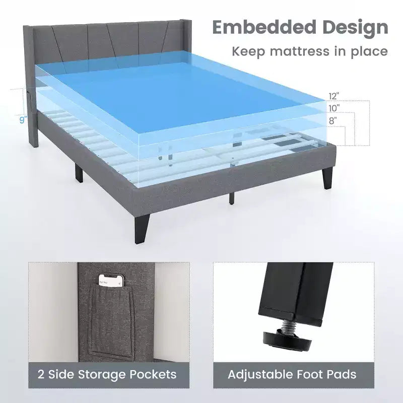 Costway Cadre de lit rembourré Queen Size avec poches élastiques Sommier Gris