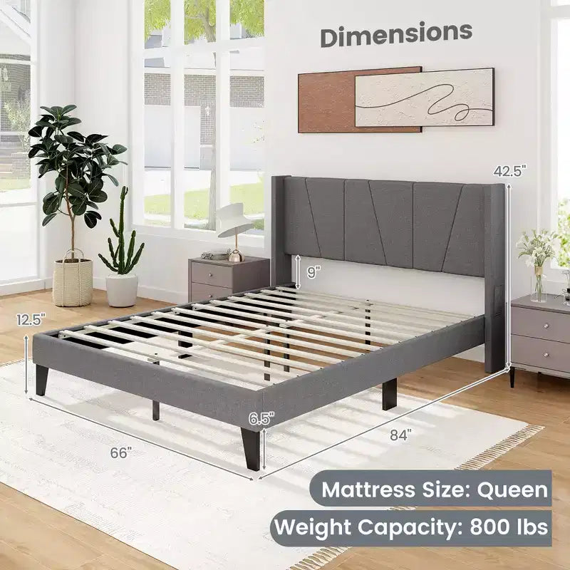Costway Cadre de lit rembourré Queen Size avec poches élastiques Sommier Gris
