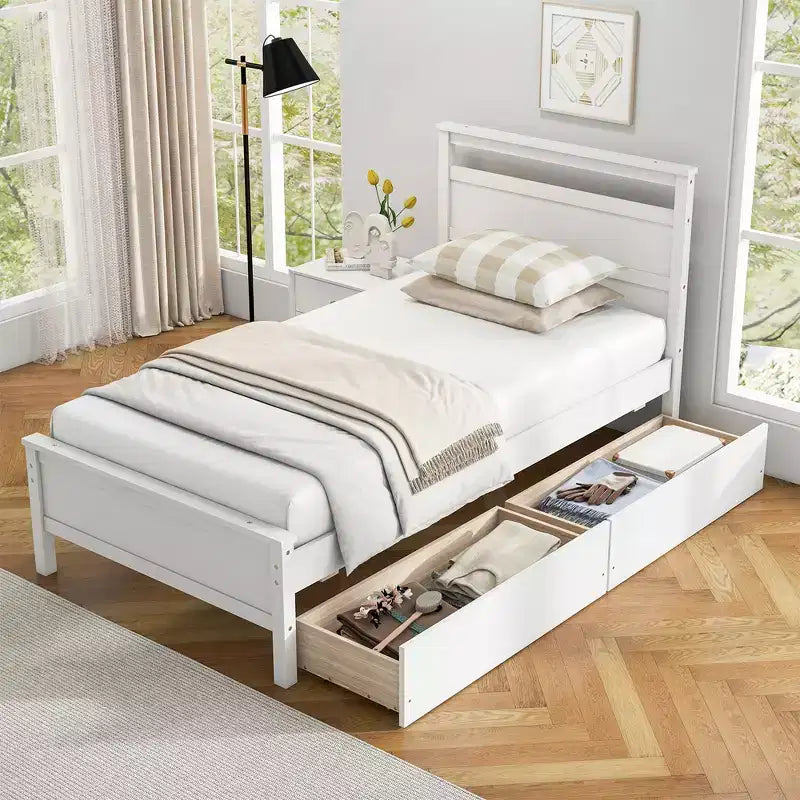 Lit plateforme Costway une place avec 2 tiroirs de rangement, tête et pied de lit, blanc