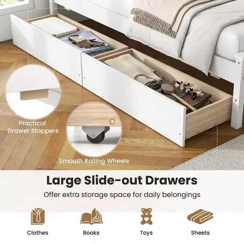 Lit plateforme Costway une place avec 2 tiroirs de rangement, tête et pied de lit, blanc