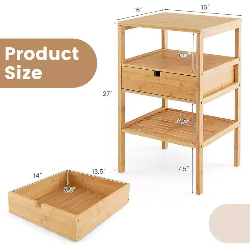 Table de chevet en bambou Costway avec tiroir coulissant et étagère de rangement en bois naturel