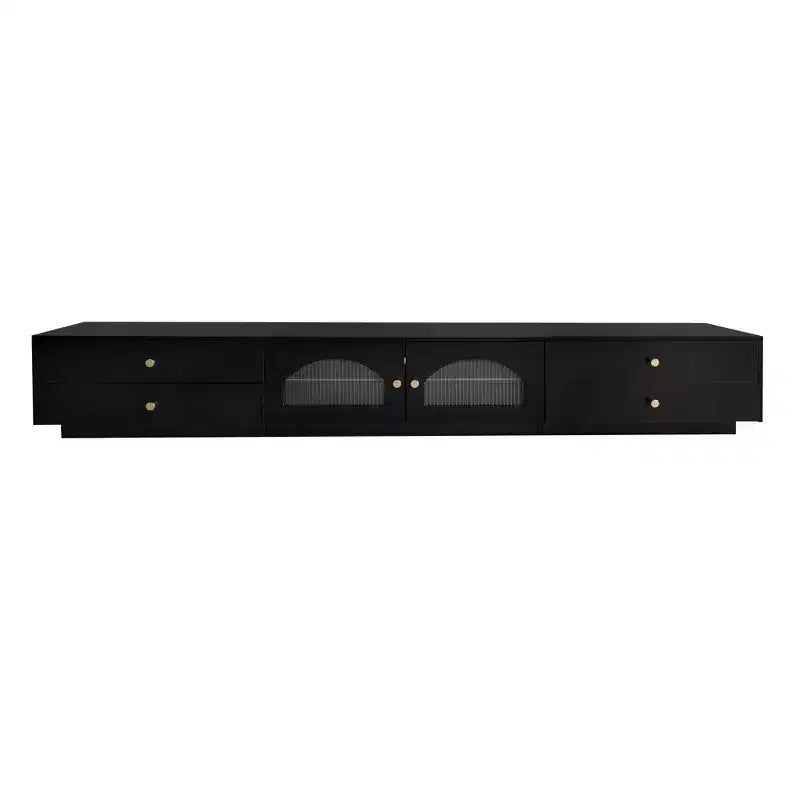 Meuble TV pour téléviseur de 95 pouces, console média extra-longue avec 2 portes et 4 tiroirs, grand meuble de rangement TV avec portes en verre cannelé